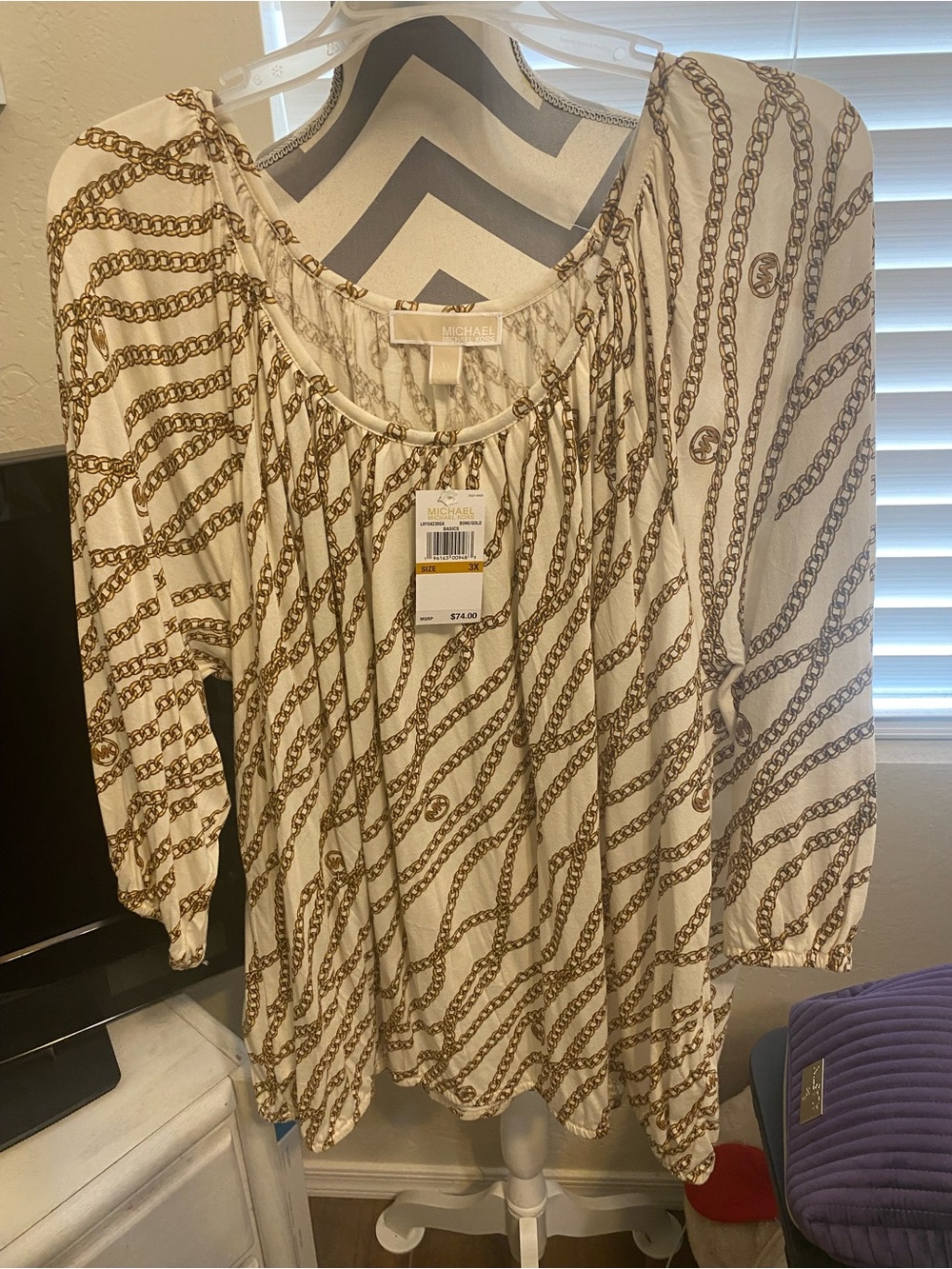 MICHAEL Michael Kors Cream Chain-Print Women's Blouse 3x